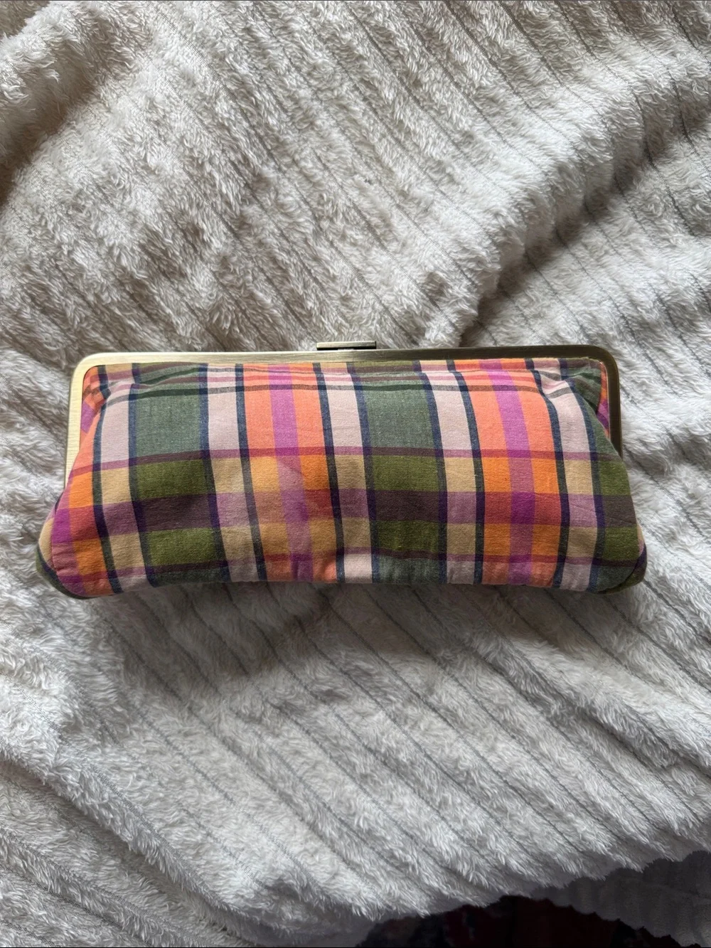 Plaid Multicolor Clutch with Yellow Floral Gem Accent